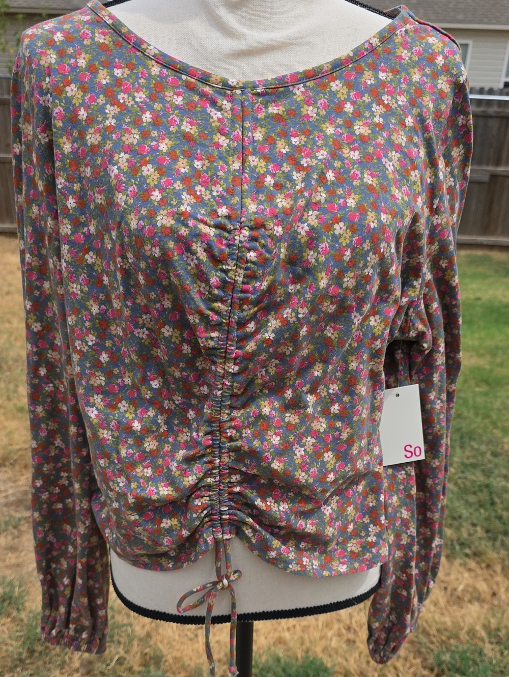 SO Floral Ruched Long Sleeve Top — Pink, Green, White